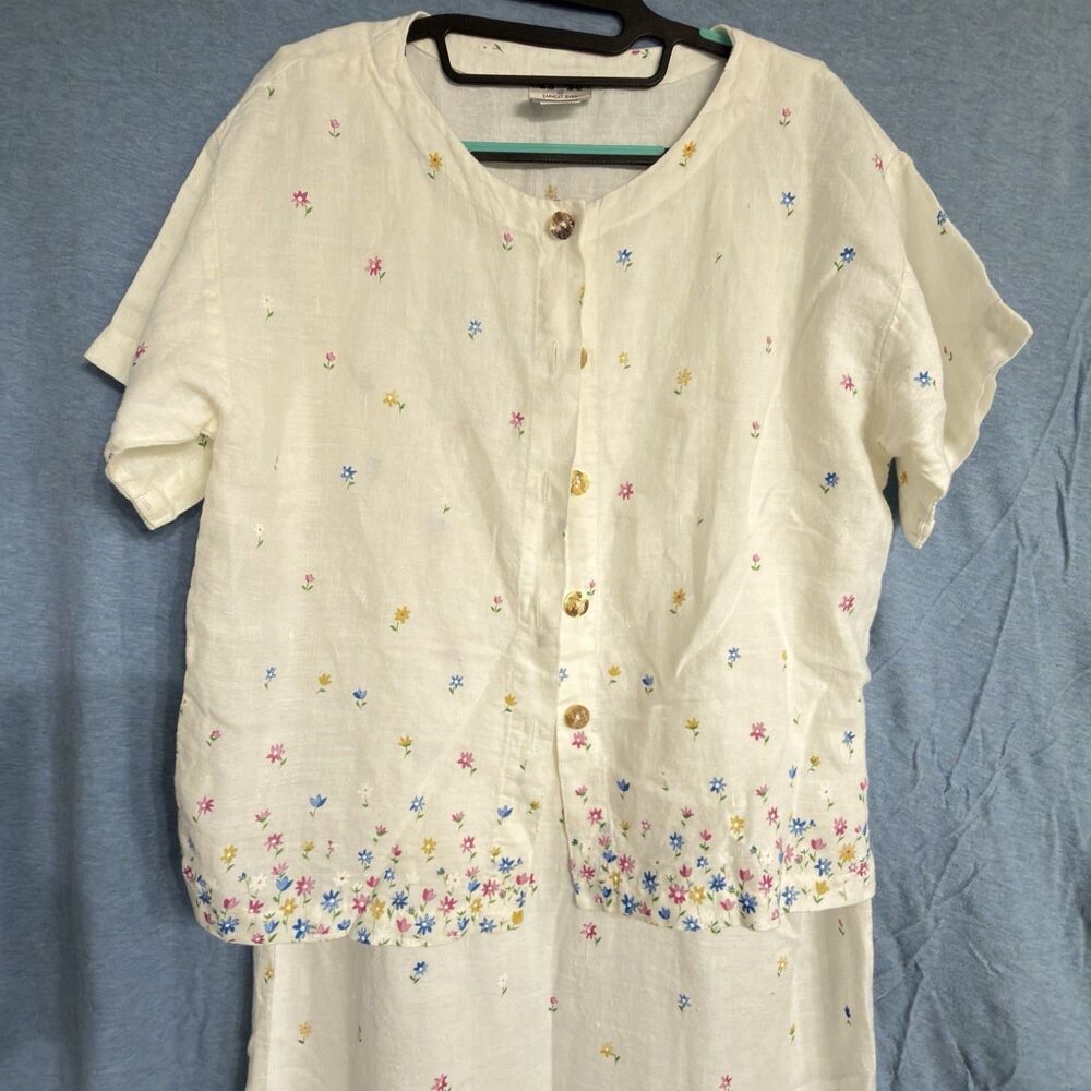 Vtg C.C. Collection Women’s Medium White 100% Linen Floral Dress Jacket Set USA